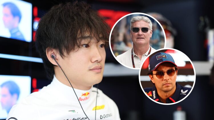 Red Bull Racing driver Yuki Tsunoda at the 2025 F1 Austrian Grand Prix, inset, David Coulthard and Sergio Perez