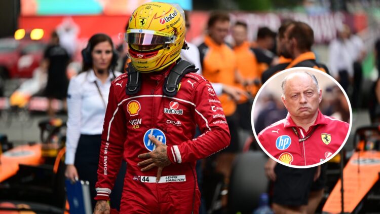 Image of Ferrari F1 driver Lewis Hamilton in parc ferme with an inset of Fred Vasseur