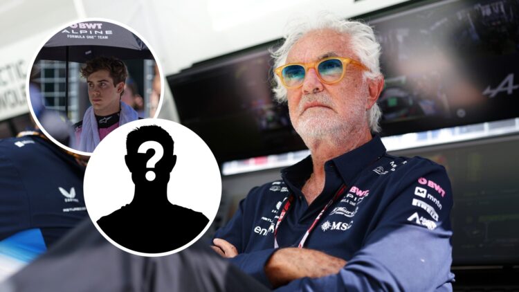 Alpine executive advisor Flavio Briatore (right) at the 2025 F1 Austrian Grand Prix, inset, Alpine driver Franco Colapinto