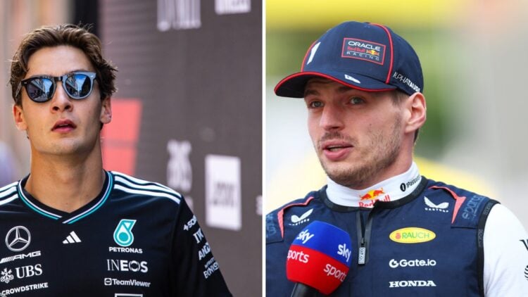 Split image of Mercedes driver George Russell (L) and Red Bull driver Max Verstappen (R) at the 2025 Monaco Grand Prix