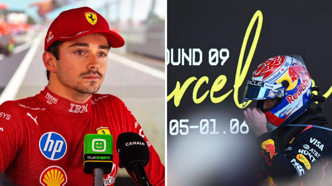 Ferrari driver Charles Leclerc (left) talking to the press, Red Bull driver Max Verstappen (right) after the 2025 Spanish Grand Prix