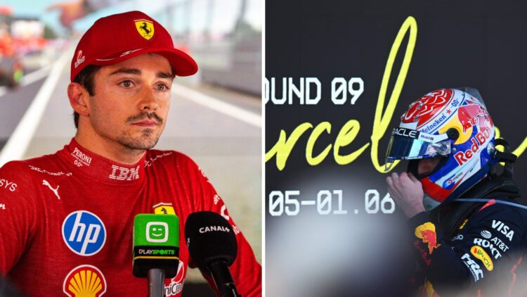 Ferrari driver Charles Leclerc (left) talking to the press, Red Bull driver Max Verstappen (right) after the 2025 Spanish Grand Prix