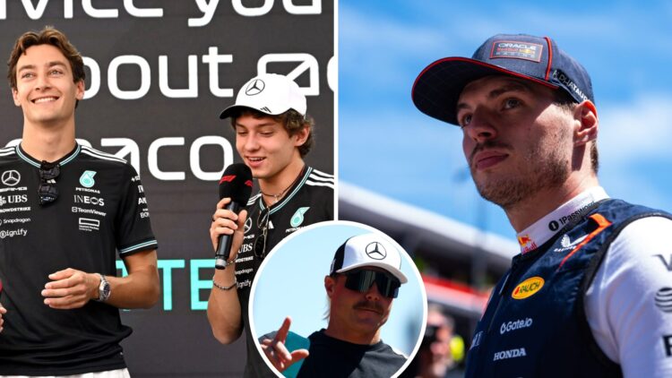 Split image of George Russell & Kimi Antonelli in the F1 fan zone and Max Verstappen on the grid; inset of Valtteri Bottas