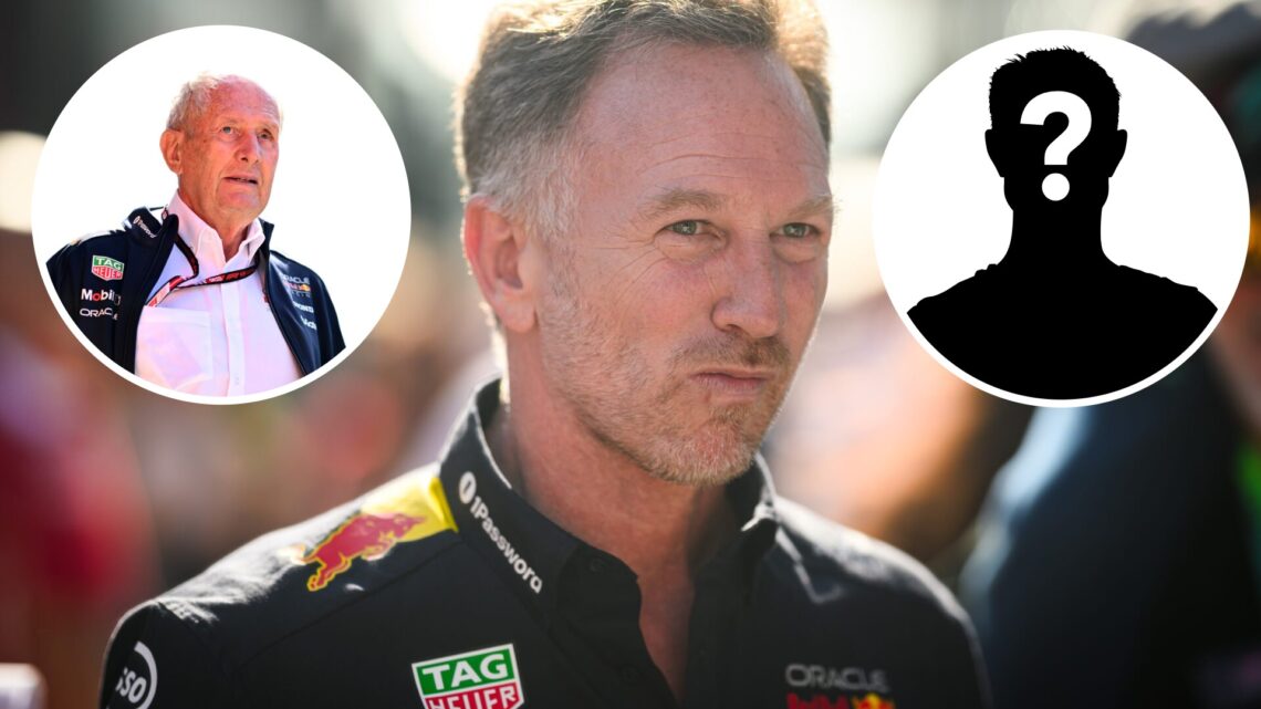 Red Bull team principal Christian Horner at the 2025 Emilia Romagna Grand Prix, insets Helmut Marko and Mystery driver