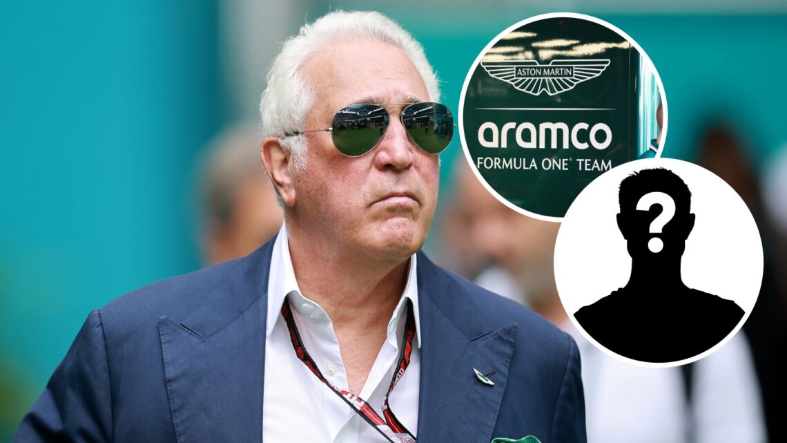 Aston Martin chairman Lawrence Stroll, inset, Aston Martin's logo