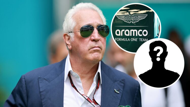 Aston Martin chairman Lawrence Stroll, inset, Aston Martin's logo
