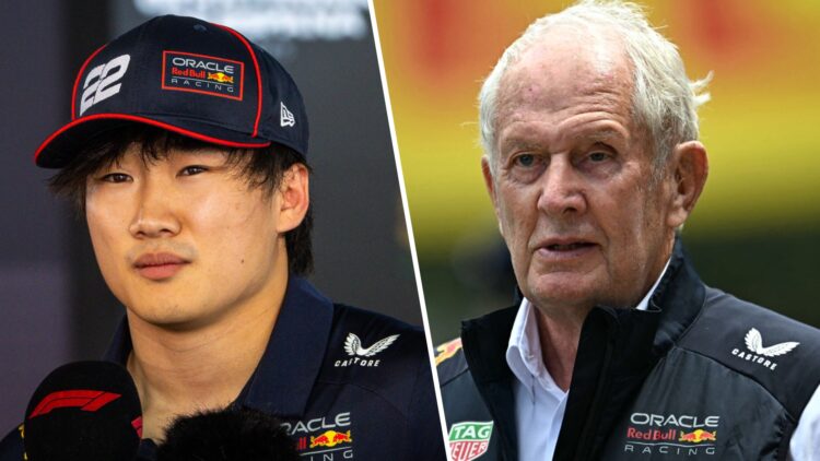 Red Bull driver Yuki Tsunoda speaks to media at the 2025 F1 Spanish Grand Prix and motorsport adviser Helmut Marko in Monaco