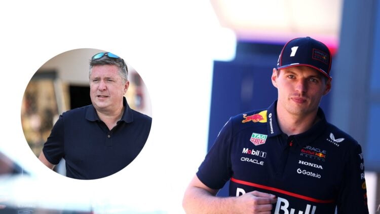 Max Verstappen of Red Bull walking in the F1 paddock; inset of David Croft