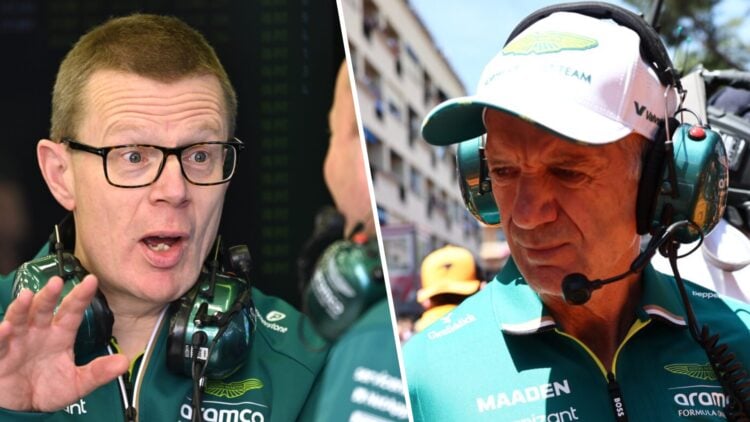 Aston Martin CEO/team principal Andy Cowell in the garage during F1 Testing in Bahrain and managing technical partner Adrian Newey on the 2025 F1 M...