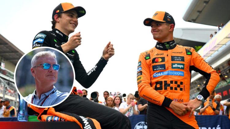 McLaren drivers Oscar Piastri and Lando Norris after the Spanish Grand Prix, inset, David Coulthard