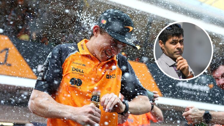 McLaren driver Oscar Piastri celebrating after winning the 2025 Spanish Grand Prix, inset, Karun Chandhok