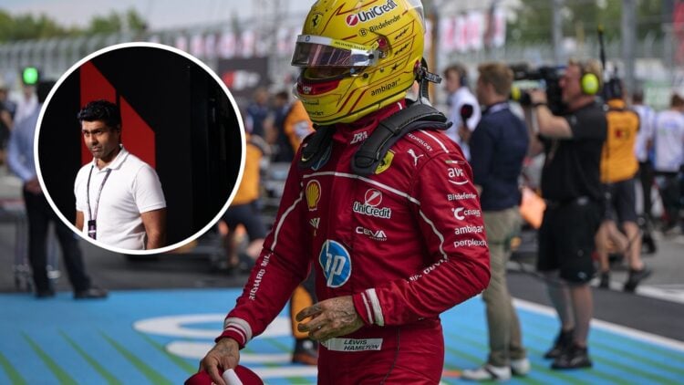 Ferrari driver Lewis Hamilton wearing his helmet at the Spanish Grand Prix, inset, Karun Chandhok