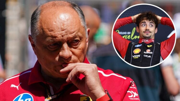 Ferrari team principal Fred Vasseur in the 2025 F1 Monaco Grand Prix paddock with an inset of Charles Leclerc reacting to his P3 in the 2025 F1 Spa...