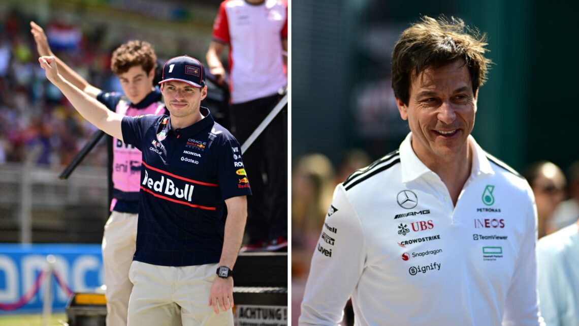 Red Bull Racing driver Max Verstappen (left) waving to the crowd at the Spanish Grand Prix, Mercedes team principal Toto Wolff (right) in the F1 pa...