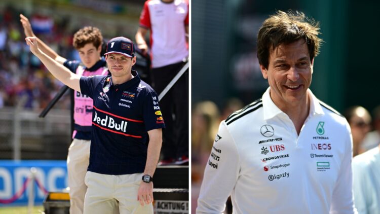 Red Bull Racing driver Max Verstappen (left) waving to the crowd at the Spanish Grand Prix, Mercedes team principal Toto Wolff (right) in the F1 pa...