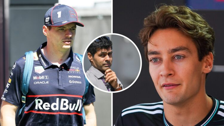 Split image of Red Bull driver Max Verstappen (L) and Mercedes driver George Russell (R), inset Karun Chandhok
