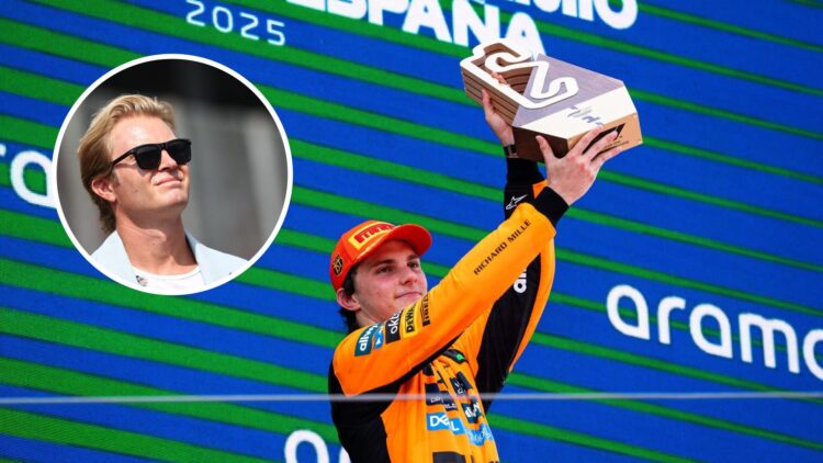 McLaren driver Oscar Piastri lifting a trophy at the 2025 Spanish Grand Prix, inset, Nico Rosberg