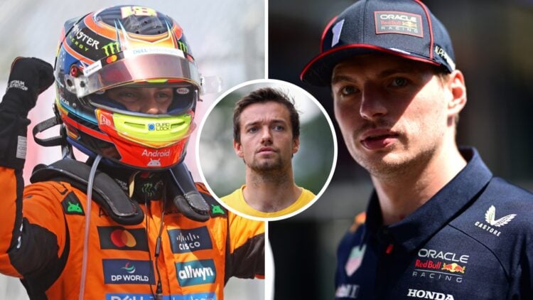 Oscar Piastri of McLaren celebrates winning the 2025 F1 Spanish Grand Prix and Max Verstappen of Red Bull during the drivers parade with an inset o...