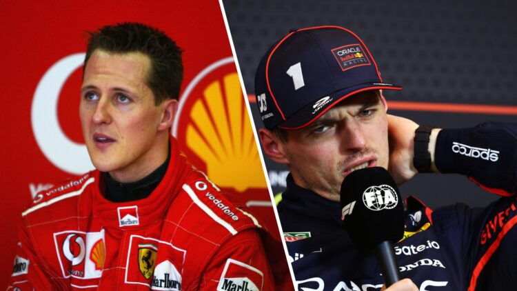 Michael Schumacher of Ferrari at the 2002 Australian Grand Prix and Max Verstappen of Red Bull Racing at the 2025 Spanish Grand Prix