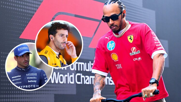 Lewis Hamilton of Ferrari on his scooter in the F1 paddock; insets of Carlos Sainz and Daniel Ricciardo