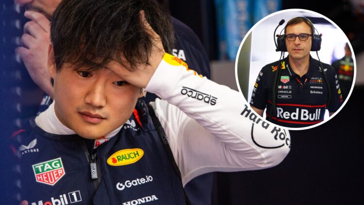 Red Bull driver Yuki Tsunoda gets ready in the garage during practice for the 2025 F1 Spanish Grand Prix and techicnal director Pierre Wache walks ...