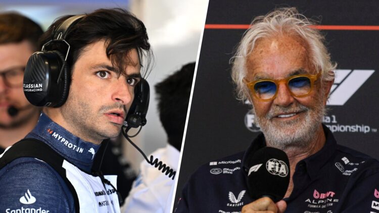 Williams driver Carlos Sainz in the garage during practice for the 2025 F1 Spanish Grand Prix and Alpine executive adviser Flavio Briatore speaks i...