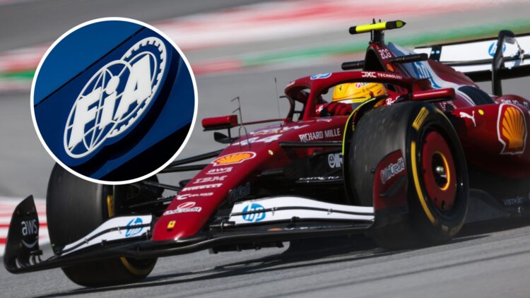 Lewis Hamilton drives Ferrari's F1 car; inset of the FIA logo