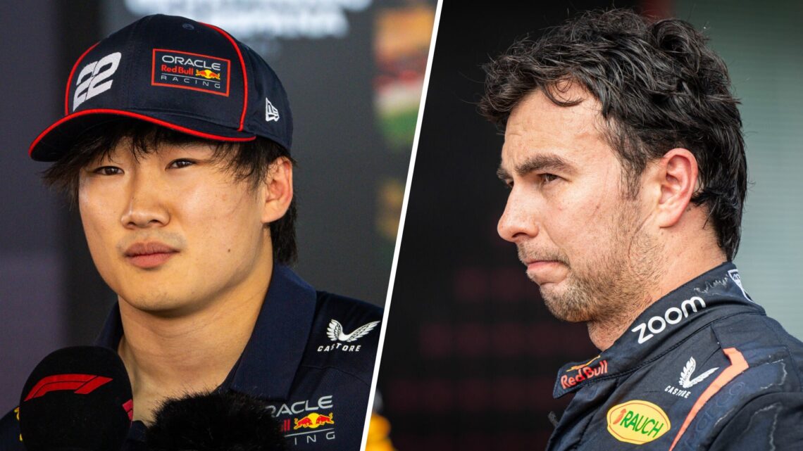 Red Bull driver Yuki Tsunoda speaks to the media after qualifying for the 2025 F1 Spanish Grand Prix and Sergio Perez reacts after the 2024 Emilia ...