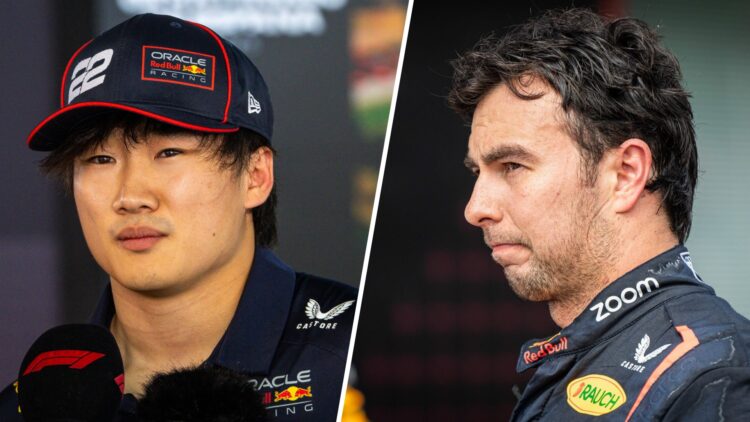 Red Bull driver Yuki Tsunoda speaks to the media after qualifying for the 2025 F1 Spanish Grand Prix and Sergio Perez reacts after the 2024 Emilia ...