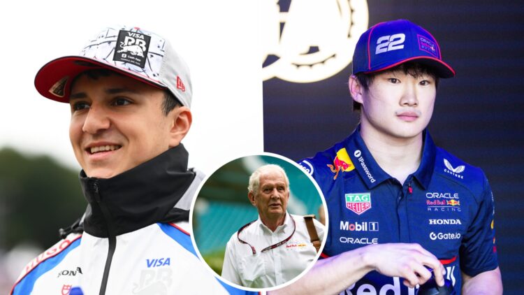 Isack Hadjar of Racing Bulls (L) and Yuki Tsunoda of Red Bull (R) look on in the F1 paddock; inset of Helmut Marko