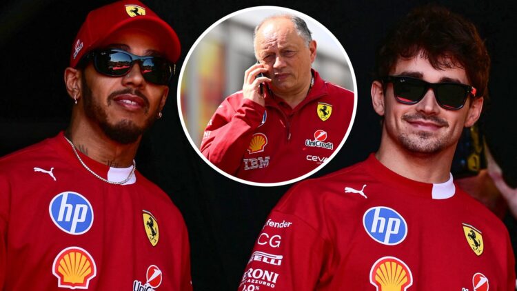 Ferrari drivers Lewis Hamilton and Charles Leclerc, inset of Fred Vasseur at the 2025 Japanese Grand Prix