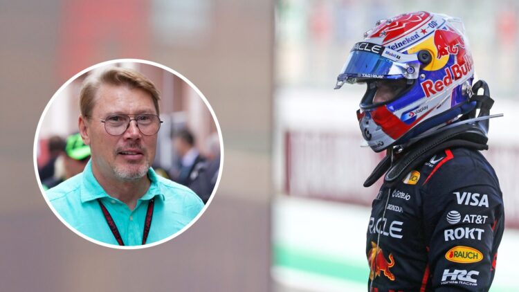 Red Bull driver Max Verstappen looks on in parc ferme; inset of Mika Hakkinen