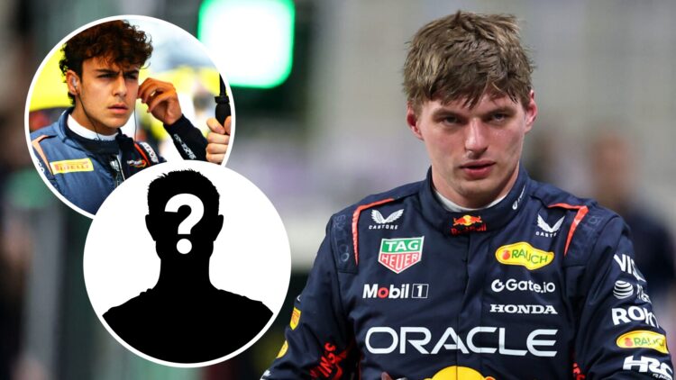 Red Bull driver Max Verstappen reacts after scoring pole position for the 2025 F1 Saudi Arabian Grand Prix with an inset of Arvid Lindblad on the F...