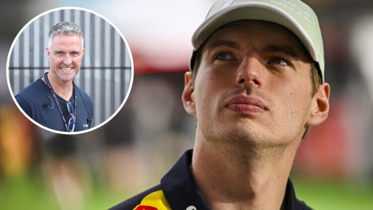Red Bull driver Max Verstappen in the 2025 F1 Miami Grand Prix paddock with an inset of Ralf Schumahcer at Monza