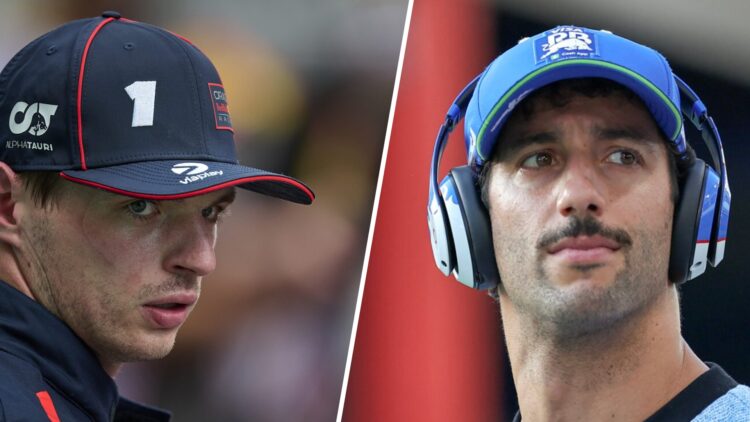 Red Bull driver Max Verstappen reacts after qualifying for the 2025 F1 Spanish Grand Prix and Visa Cash App RB driver Daniel Ricciardo in the 2024 ...