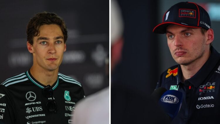Mercedes driver George Russell (left) and Red Bull Racing driver Max Verstappen (right) at the 2025 Spanish Grand Prix