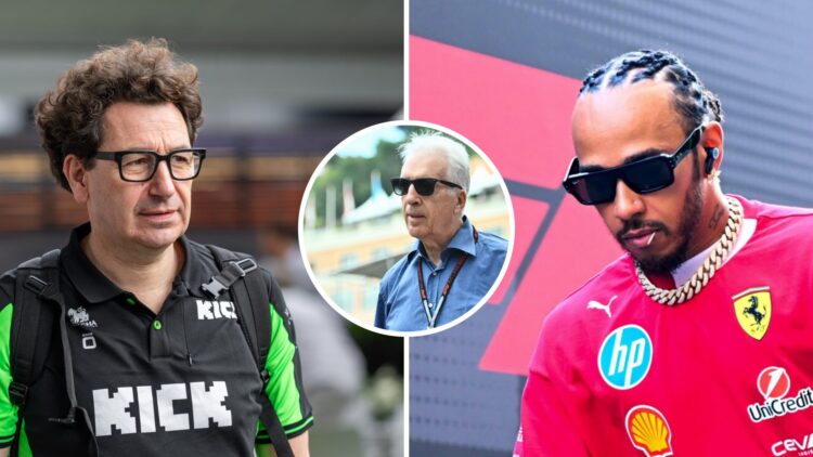 Sauber Audi F1 lead Mattia Binotto in the 2025 Australian Grand Prix paddock and Ferrari driver Lewis Hamilton in the 2025 Monaco Grand Prix paddoc...