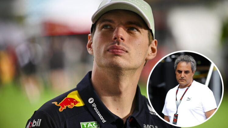 Red Bull driver Max Verstappen in the 2025 Miami Grand Prix paddock, inset Juan Pablo Montoya