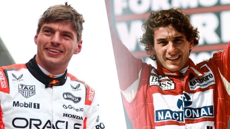 Red Bull driver Max Verstappen celebrates winning the 2025 F1 Japanese Grand Prix and Ayrton Senna celebrates winning the 1993 Brazilian GP for McL...