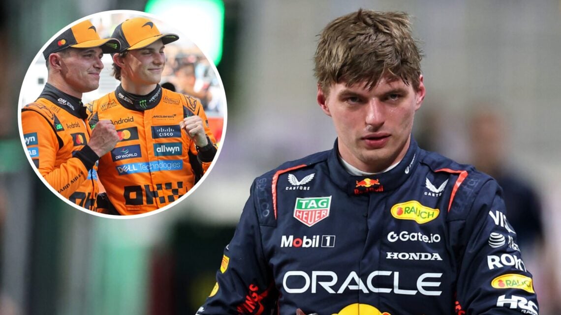 Red Bull driver Max Verstappen reacts after scoring pole for the 2025 Saudi Arabian Grand Prix with an inset of McLaren drivers Lando Norris and Os...