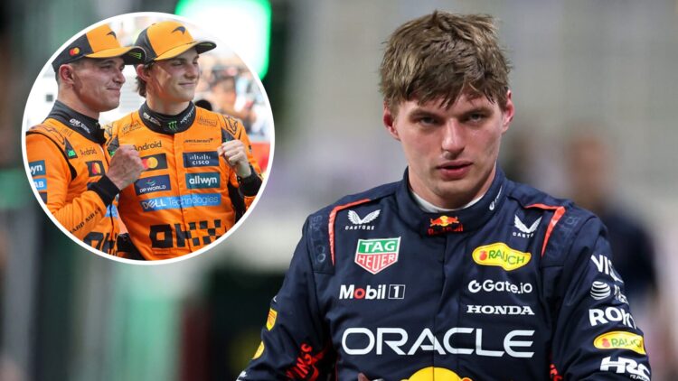 Red Bull driver Max Verstappen reacts after scoring pole for the 2025 Saudi Arabian Grand Prix with an inset of McLaren drivers Lando Norris and Os...