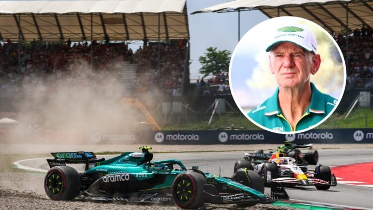Fernando Alonso of Aston Martin at the 2025 Spanish Grand Prix and Adrian Newey at the 2025 Monaco Grand Prix