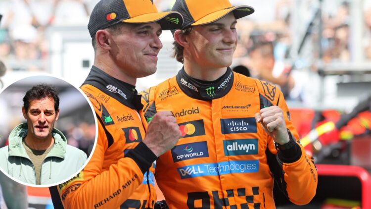 McLaren drivers Lando Norris and Oscar Piastri embrace; inset shows Mark Webber walking in F1 paddock