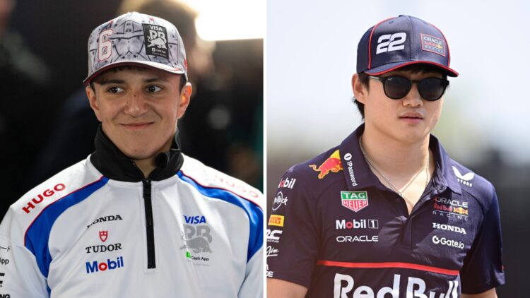 Racing Bulls driver Isack Hadjar (L) and Red Bull driver Yuki Tsunoda (R), both walking in the F1 paddock