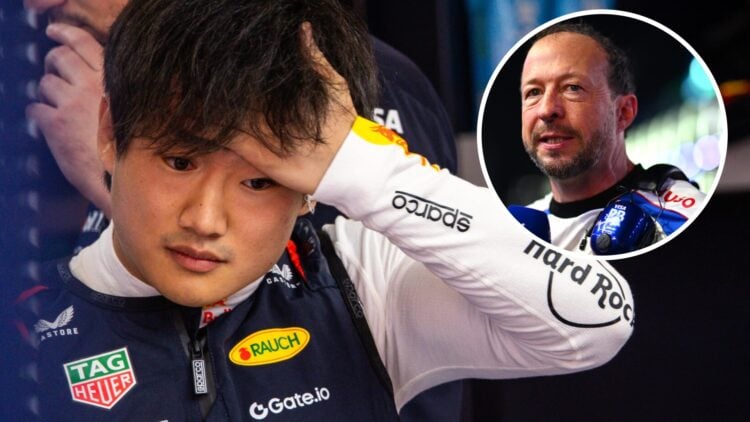 Red Bull driver Yuki Tsunoda gets ready in the garage during practice for the 2025 F1 Spanish Grand Prix and Racing Bulls CEO Peter Bayer on the 20...