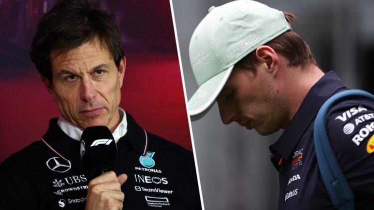 Mercedes team principal Toto Wolff in a press conference (L); Max Verstappen of Red Bull bows his head (R)