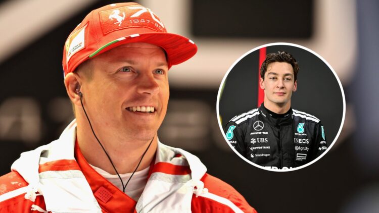 Former Ferrari F1 driver Kimi Raikkonen in an interview; inset shows George Russell of Mercedes