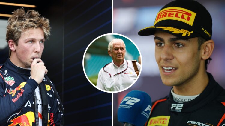 Split image of Liam Lawson (L) and Red Bull junior driver Arvid Lindblad (R), inset Helmut Marko