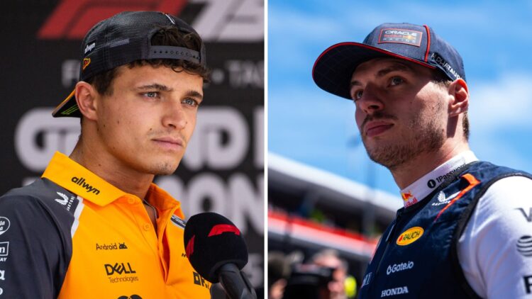 McLaren driver Lando Norris speaks to the media and Red Bull driver Max Verstappen in the pit lane ahead of the 2025 F1 Monaco Grand Prix