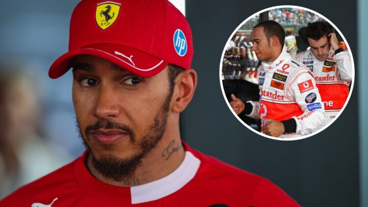 Ferrari driver Lewis Hamilton speaks to the media at the 2025 Spanish Grand Prix with an inset of the seven-time F1 champion with Fernando Alonso a...